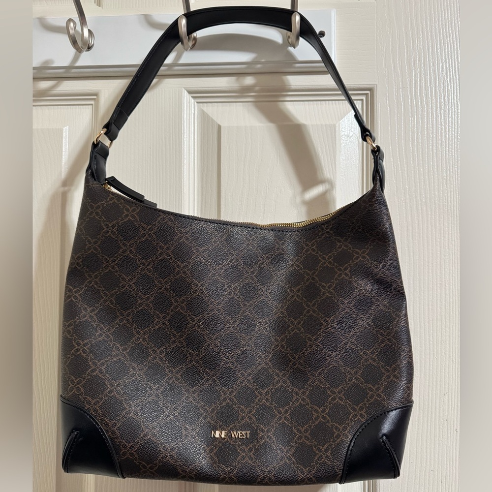 Nine West Brown Monogram Hobo Shoulder Bag with Black Trim